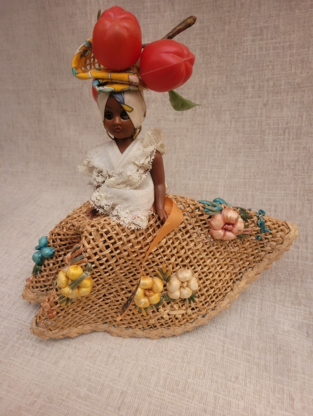 Vintage Caribbean Souvenir Doll - Woven Straw Flower Skirt & Fruit Headdress 10"